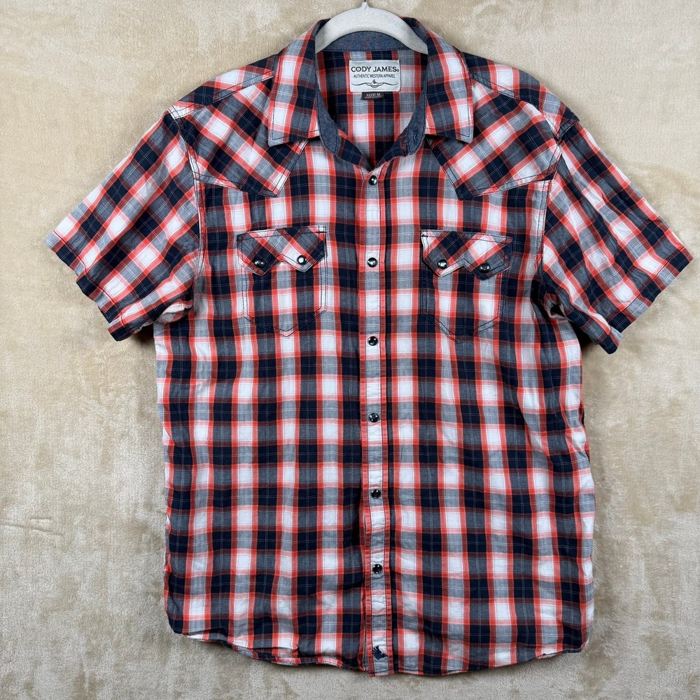 Cody James Mens Size M Red Navy White Plaid Short Sleeve Western Snap Shirt
